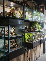 pet shop showcasing a variety of unique habitats, from sleek and contemporary to rustic and natural 