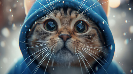 Close up photo of 3D cat in blue oversize hoodie, 32k, full ultra hd, high resolution --ar 16:9