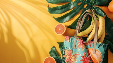 Vibrant summer composition with beach bag and bananas on a coral yellow background