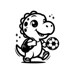 cute cartoon dino playing football. Dinosaur playing football. Dinosaur logo icon