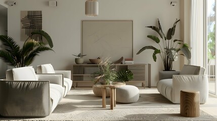 trendy and minimalist living room with accent furniture, lighting, and furnishings 