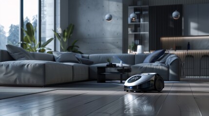 Advanced High-Tech Vacuum Cleaner in Modern Apartment Living Room - Minimalist Design, Ease of Use, and Functionality