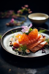 Artistic Presentation of Salmon Sashimi with Fish Roe and Floral Garnish