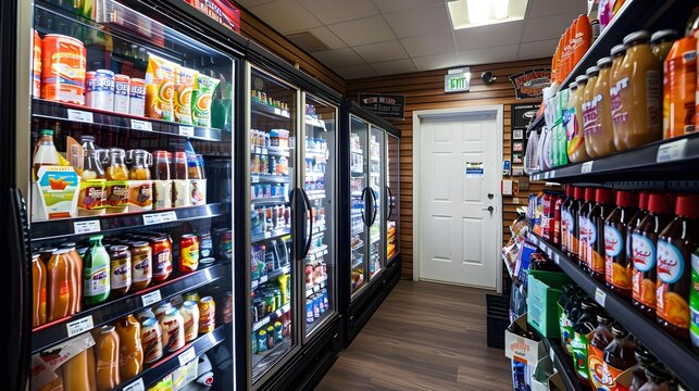 walk-in refrigerator with wide variety of food and beverage selections