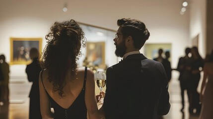 well-dressed couple attending an art museum gala event