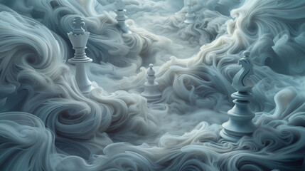 Naklejka premium Close-Up of Chess Pieces in Ethereal Swirling Mist, Surreal Artistic Composition