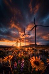 Wind Turbines on Open Plain at Sunset with Flowers in Foreground
