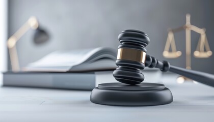 A black gavel sits on a wooden surface next to a book