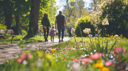 Obraz premium Family Enjoying a Sunny Day in a Blooming Park with Allergy Relief Concept