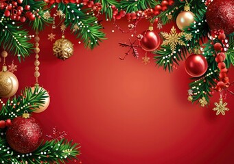 Merry Christmas background with Christmas tree branch decorated with hanging balls on red background