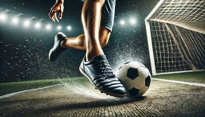 Fototapeta premium Close-up of a Player's Foot on a Soccer Ball Preparing for Kickoff with copy space area.