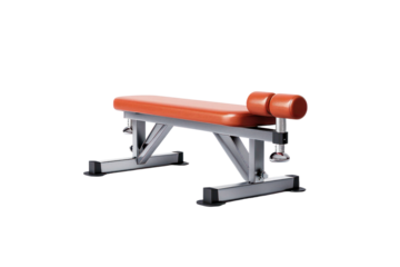 Red and silver flat weight bench used for various fitness exercises, isolated on white background, gym equipment.