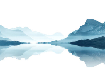A serene, mirrored lake with misty mountains in the background, capturing the tranquility of nature at sunrise.