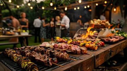 Obraz premium Garden Party Barbecue with Rustic Grill Station and Assorted Meats and Vegetables