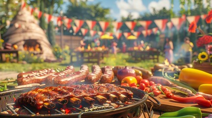 Festive Summer Barbecue Celebration with Grilled Ribs, Sausages, and Vegetables in a Lively Garden Party