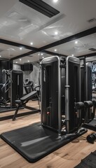 Fototapeta premium Home Gym with Ceramic Heater, Exercise Equipment, Mirrors, and Motivational Posters