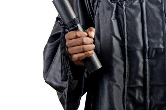 Graduate in black gown holding diploma, celebrating achievement. Symbol of success, education, and future opportunities.