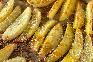 Crispy roasted french potato fries seasoned with spices and sesame seeds on a baking sheet. Close-up. Selective focus.