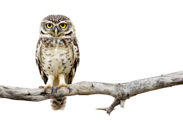 Close-up of a small owl with bright yellow eyes sitting on a branch against a white background. Perfect for wildlife and nature themes.