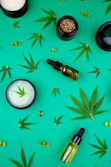 Cannabis leaves with marijuana, cbd, Flat lay composition