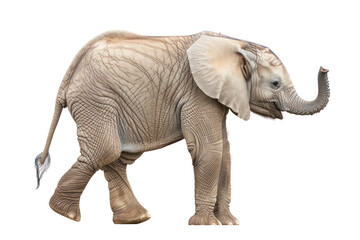 Fototapeta premium Side view of a young African elephant isolated on a white background, showing its texture and detail in a natural pose.