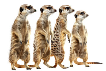 A group of four meerkats standing upright in a row, showcasing their characteristic alert stance and social behavior.