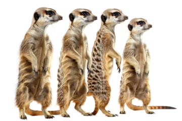A group of four meerkats standing upright in a row, showcasing their characteristic alert stance and social behavior.