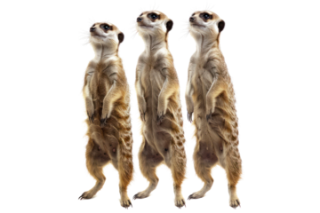 Three meerkats standing upright alert and watching on white background. Captivating wildlife behavior captured.