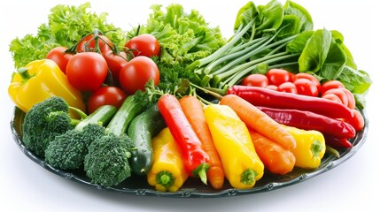 Vibrant Fresh Vegetable Platter with Colorful Peppers, Tomatoes, Carrots, and Greens for Healthy Eating