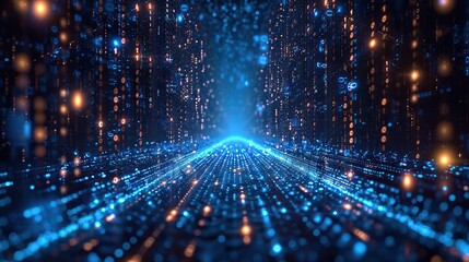 Naklejka premium A futuristic digital matrix with glowing blue particles and binary code representing advanced technology and data networks.