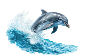 Fototapeta premium Vibrant image of a dolphin leaping out of the ocean waves, showcasing its grace and playfulness in the bright sunlight.