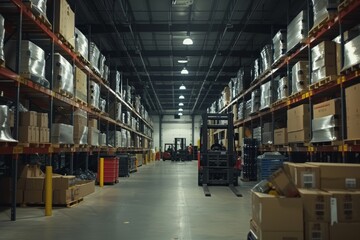 Industrial Storage Facility with Ceiling-Mounted Heaters, Shelves of Boxes, and Forklifts in Action