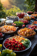 Obraz premium Ttraditional Fourth of July dishes, featuring a variety of fresh fruits, salads, and appetizers, beautifully arranged on an outdoor table adorned with small American flags.