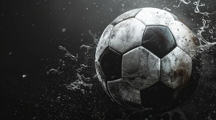 Fototapeta premium Banner design with a classic soccer ball, black background, sports attire on the right, ample text space.