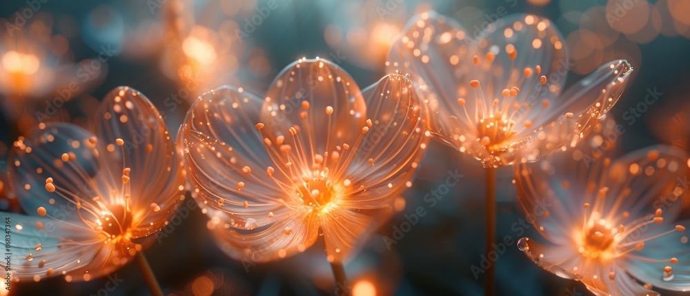 Wall mural Delicate Allium flowers, with fine, semi-transparent petals glowing softly. Intricate veins and a gentle light from their centers create an enchanting, serene scene against the dark backdrop. - Wall murals