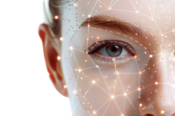 Close-up of a human face with digital facial recognition interface showing network connections and data points.