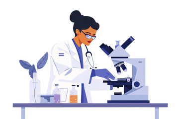 Scientist in laboratory conducting experiments with microscope and lab equipment, illustrating research and scientific study.