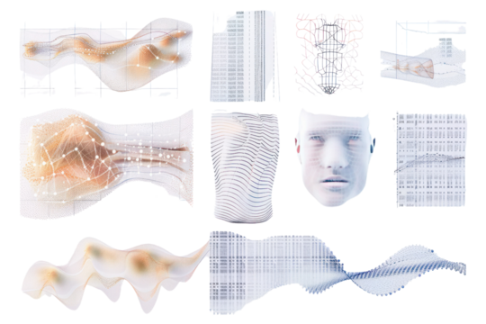 Abstract representation of digital data, neural networks, and human face in mesh and waveforms, symbolizing artificial intelligence and technology.