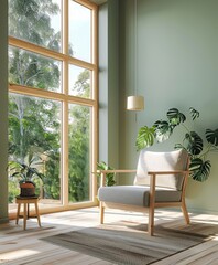 Fototapeta premium Light wood furniture and large windows in a minimalist room with a green wall. --ar 5:6 Job ID: 97f2c5ed-b475-4989-8073-864b24e7ccfa