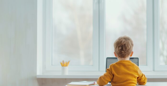 Child at home learning on laptop by the window