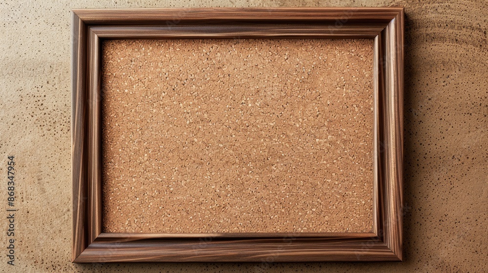 Poster empty wooden frame on cork board for display with space for text