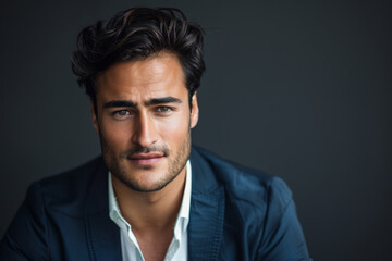 Obraz premium Close-up portrait of a young man of Latino descent, studio photo, against a sleek gray studio backdrop