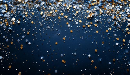 Sparkling silver and gold confetti on deep navy blue background with free copy space