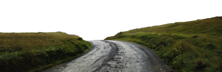Winding gravel road through green hills on a cloudy day, cut out - stock png.