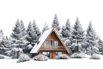 Cozy wooden cabin in a snowy forest, surrounded by snow-covered trees, illustrating a peaceful winter scene and nature retreat.