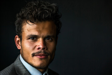 Fototapeta premium Close-up portrait of a young man of Latino descent, studio photo, against a sleek gray studio backdrop