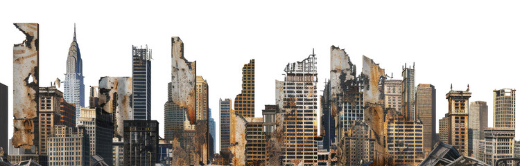 Post-apocalyptic cityscape skyline with ruined buildings, cut out - stock png.
