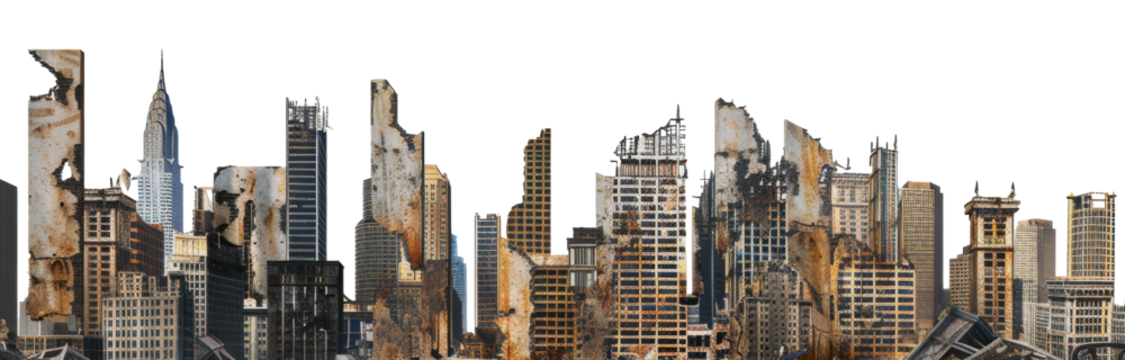 Post-apocalyptic cityscape skyline with ruined buildings, cut out - stock png.