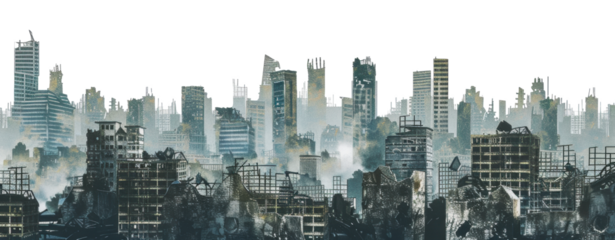 A post-apocalyptic cityscape skyline with ruins and smoke, cut out - stock png.