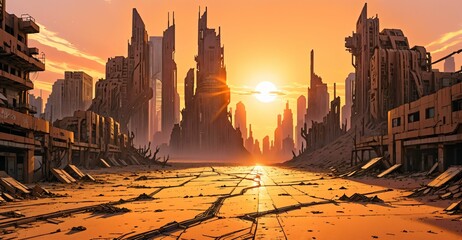 Naklejka premium desert sci-fi futuristic wasteland sunset. cyberpunk city ruins buildings and towers. debris, rubble, and junk buried with sand in summer.